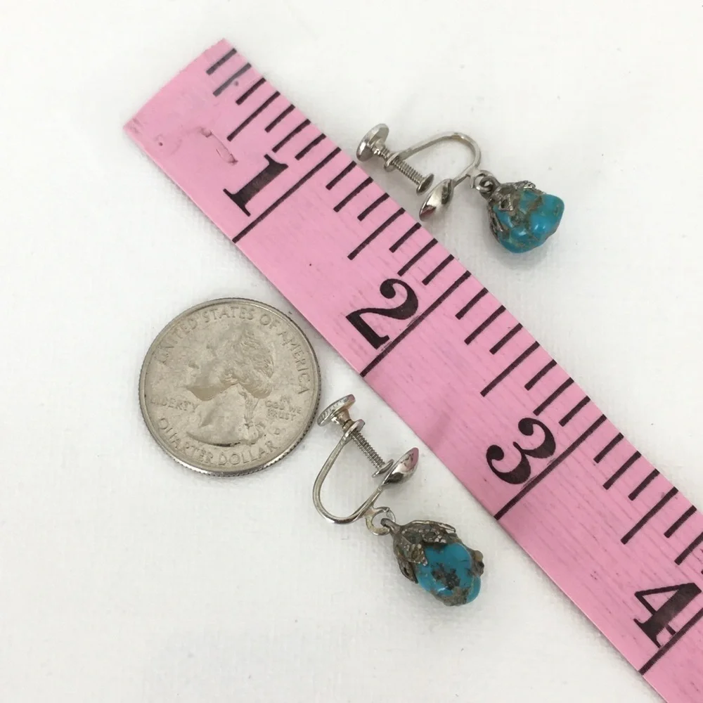 Vintage Screw Back Blue Moon Turquoise Dangle Earrings Silver Tone Filigree